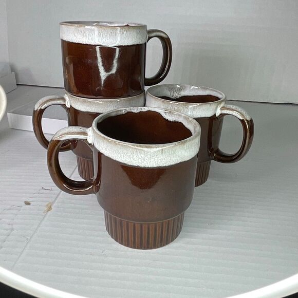 Lot of 4 drip glaze stackable Midcentury cups Japan chip - Picture 1 of 6